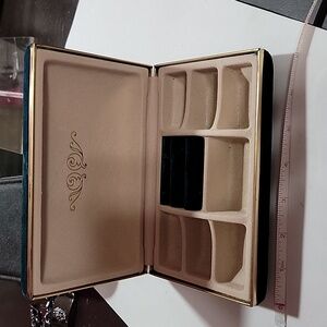 Vintage Velvet hard case Blue-Green jewelry box with ring holder